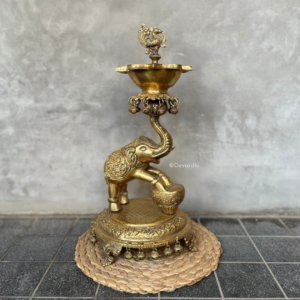 gajkusum dipak, elephant diya with bells and peacock, hathi dipak, brass diya, brass large elephant diya